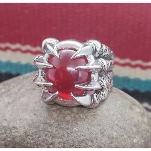 Mens Stainless Steel Dragon Claw Design Red Orange Stone Ring Size 10 - Picture 1 of 8